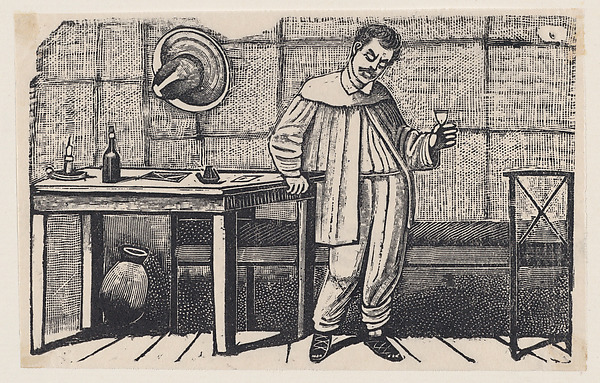 José Guadalupe Posada, A man with a glass in his hand looking downwards and leaning on a table, an illustration from 'El huérfano'