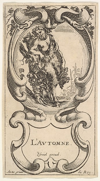 Stefano della Bella, Autumn, a satyr with his right arm on top of a tree trunk on which a vine is growing and carrying grapes in his left hand, within a cartouche decorated with grapes, from "The Four Seasons" (Les Quatre Saisons)