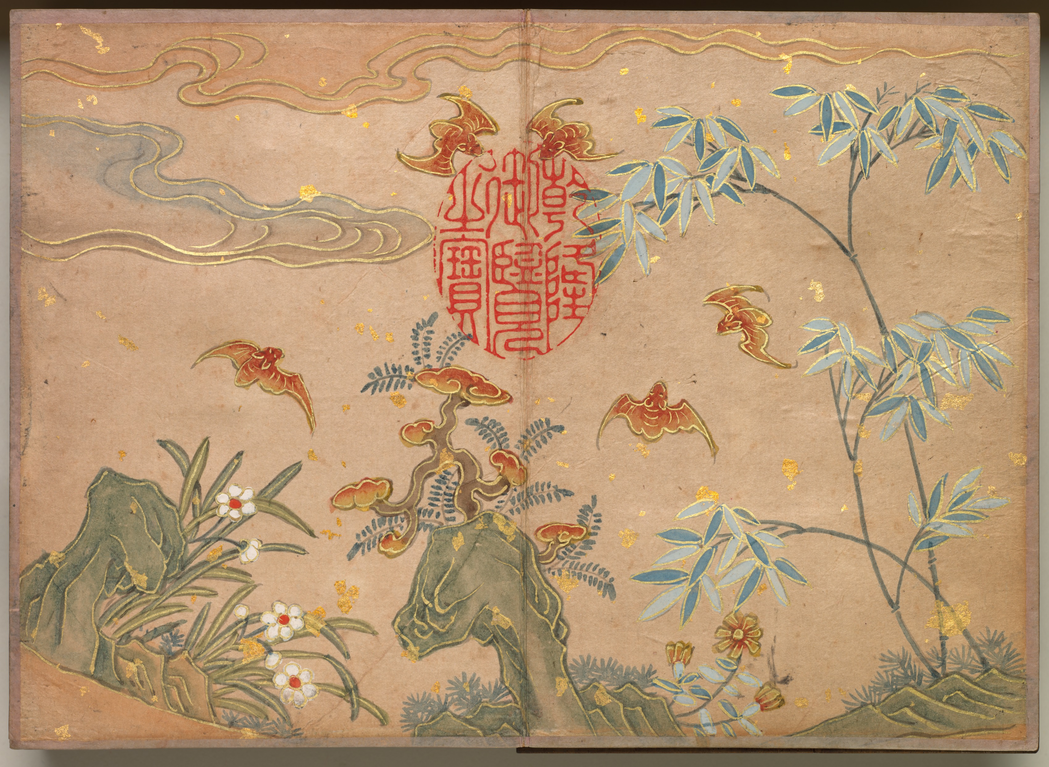 Zhang Ruoai, Desk Album: Flower and Bird Paintings (Bats, rocks, flowers oval calligraphy)