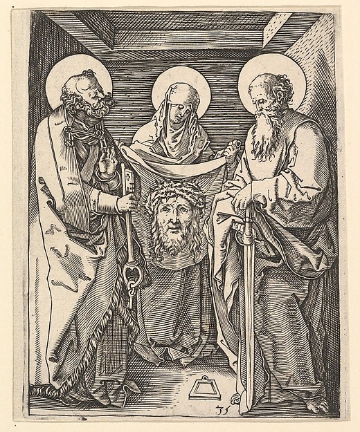 Marcantonio Raimondi, Shroud of Oviedo: Virgin Mary holds open shroud for Saint Peter and Saint Paul, from "The Passion of Christ", after Dürer