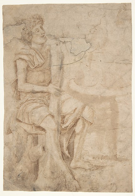 Andrea Mantegna, Seated Man Holding a Club or Other Implement (recto); Two Heads of Grotesque Men in Profile (verso)