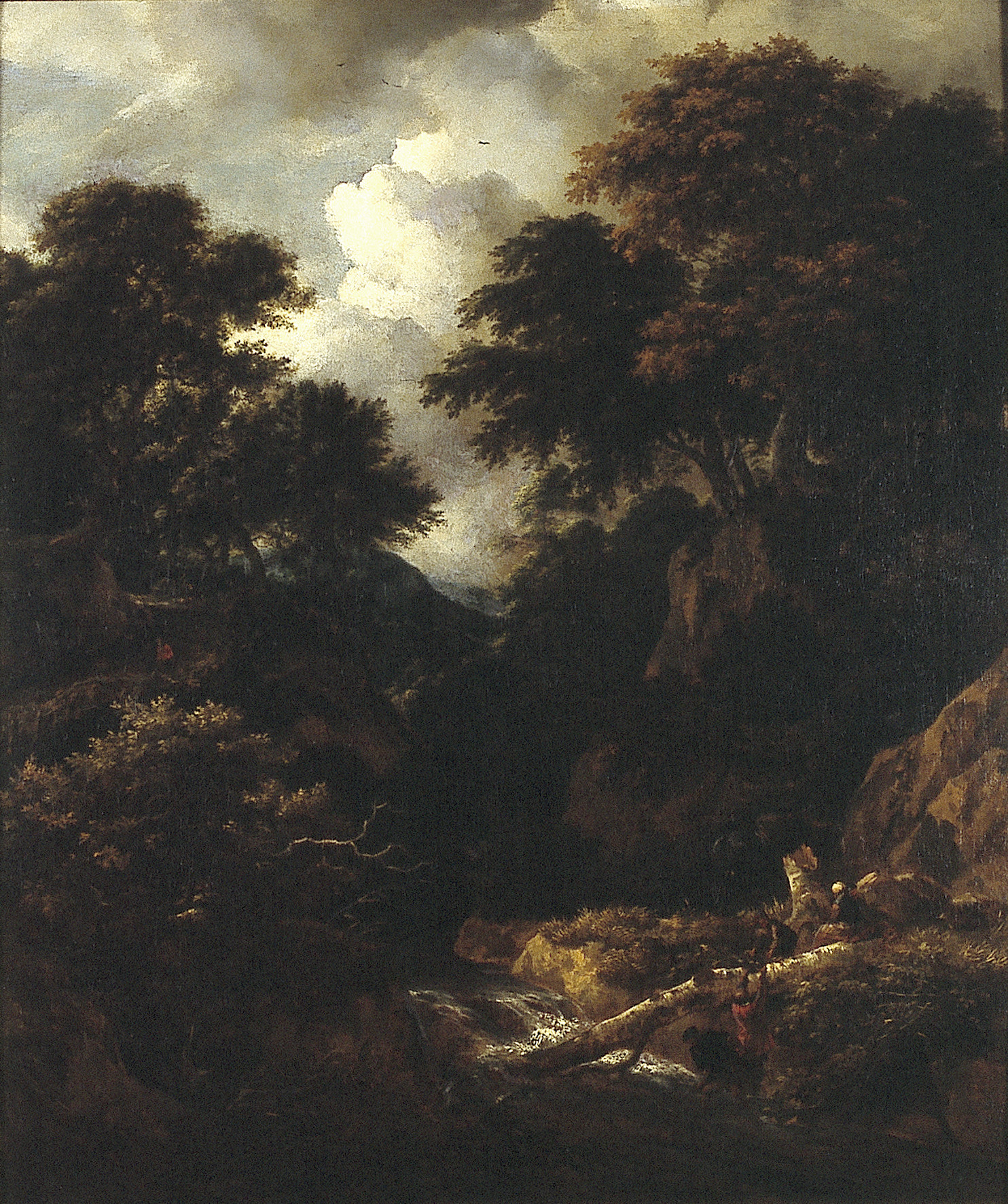 Jacob van Ruisdael, Wooded mountainous landscape with fishermen and resting travellers near a waterfall