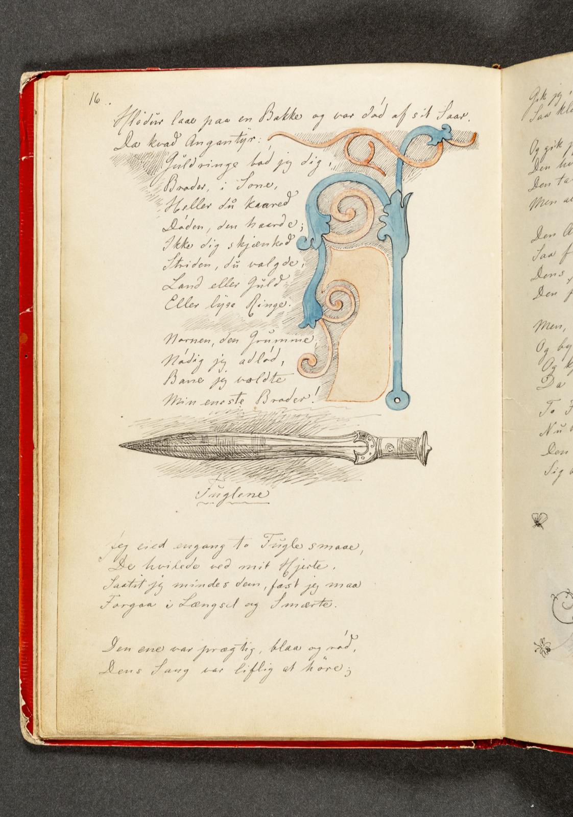Johan Thomas Lundbye, Ornament. Dørbeslag, der efterligner vikingetidens ornamentik. Et tveægget sværd med kraftigt skæfte. Hertil vers. Side 16