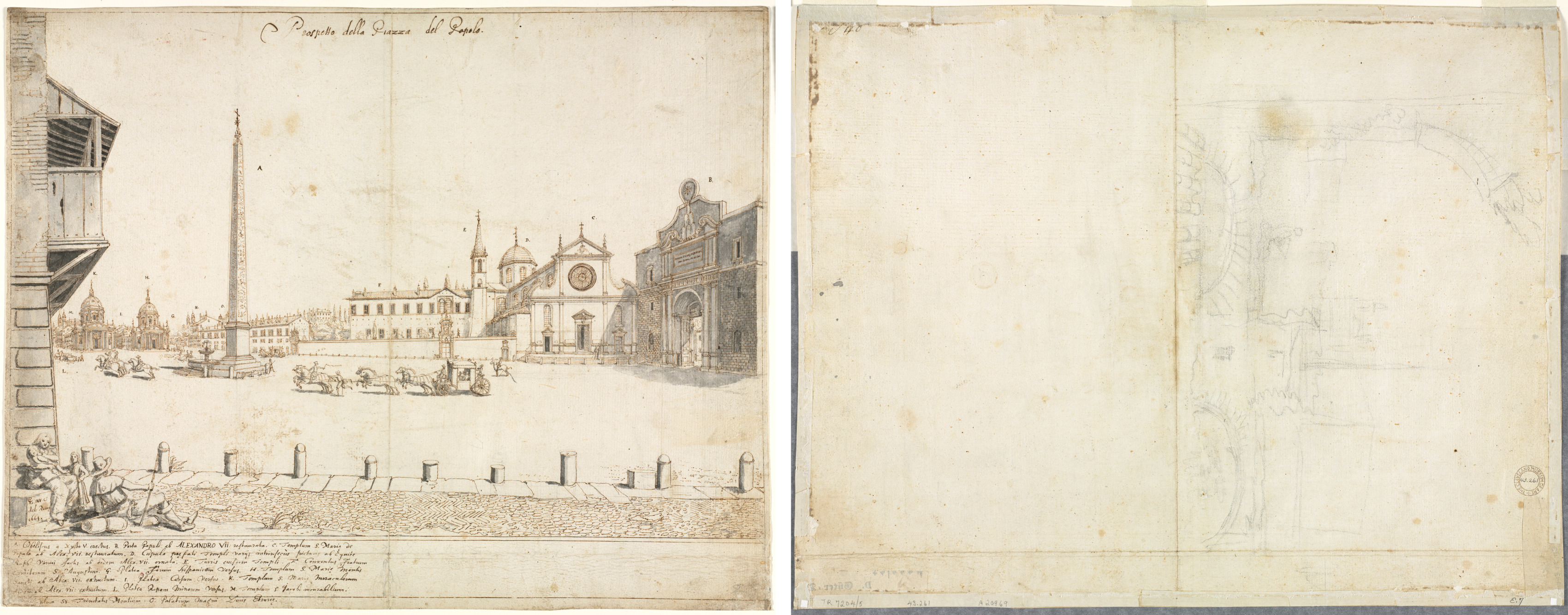 Lievin Cruyl, Eighteen Views of Rome: The Piazza del Popolo (recto); Sketch for San Giovanni in Laterano (verso)