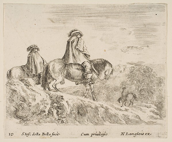 Stefano della Bella, Two horsemen descending a mountain at left, another horseman to right in background, plate 10 from "Diversi capricci"