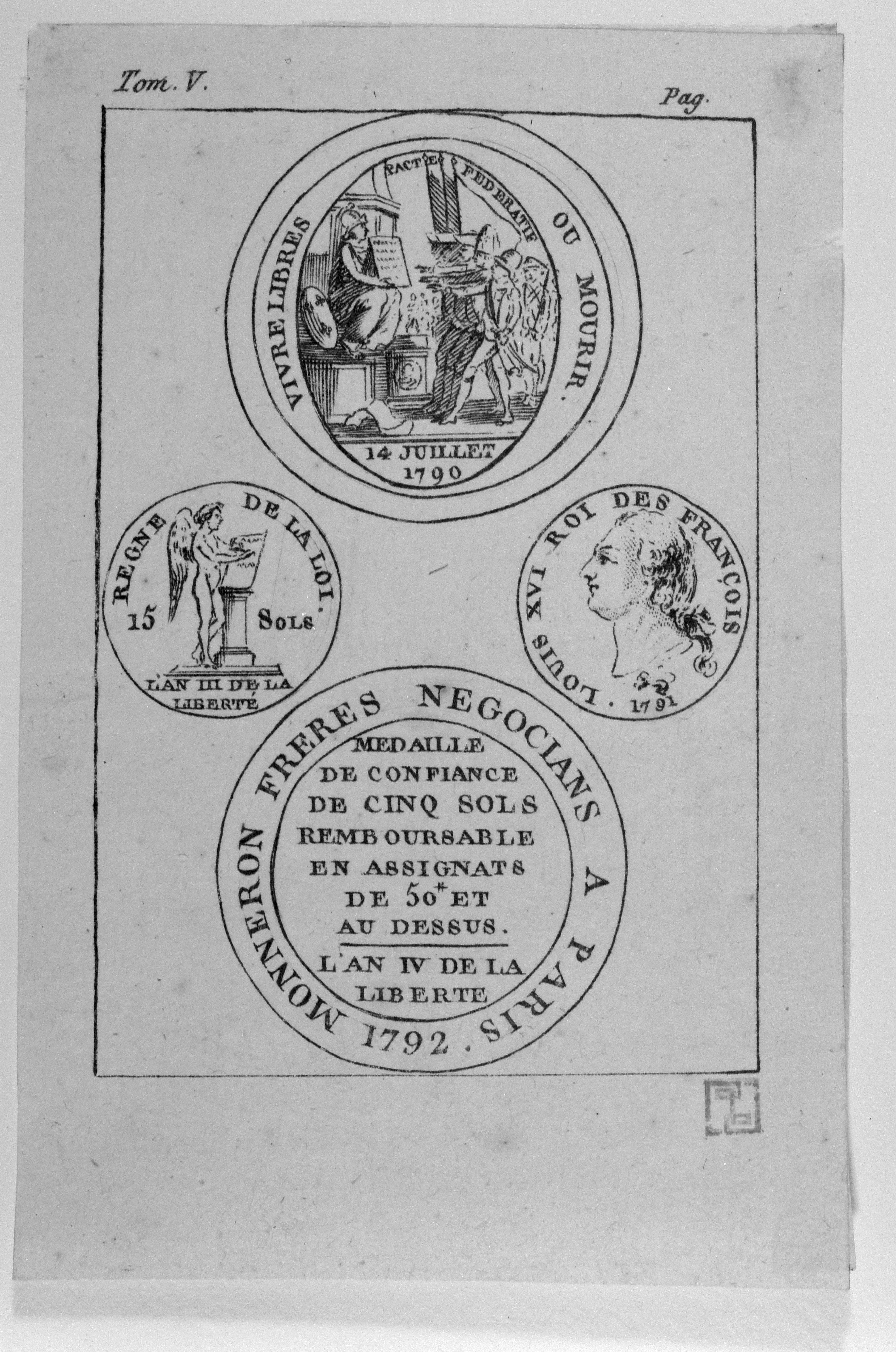 Anonyme, Révolution française : Monneron de cinq sols d'après A. Dupré "Pacte Fédératif" et monnaie d'après A. Dupré "Génie de la France gravant la Constitution" (revers) et "portrait de Louis XVI" (droit). Fête de la Fédération du Champ-de-Mars, 14 juillet...