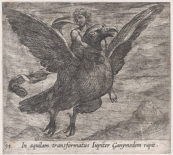 Antonio Tempesta, Plate 94: Jupiter and Ganymede (In aquilam transformatus Iupiter Ganymedem rapit), from Ovid's 'Metamorphoses'