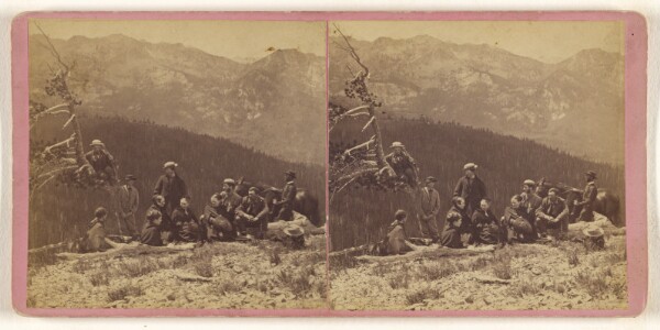 Unknown, [Group of people on a hillside, mountains and valleys in background, one man is in a tree, another man standing by a horse]