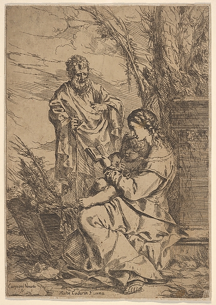 Giulio Carpioni, Holy Family with the Virgin reading, the Virgin sits in profile with a book in her left hand and the Child facing the viewer, Joseph stands behind them with a staff in his right hand