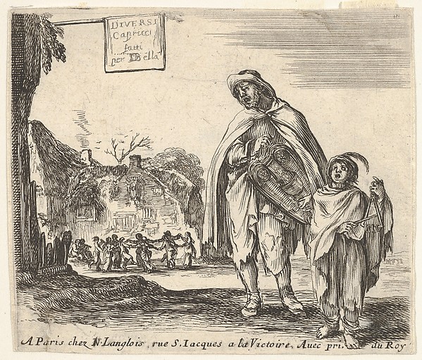 Stefano della Bella, Plate 1: a man sings and plays the hurdy gurdy, accompanied by a boy playing the triangle to right, a group of peasants dancing in a ring to left in background, title page for "Diversi Capricci"
