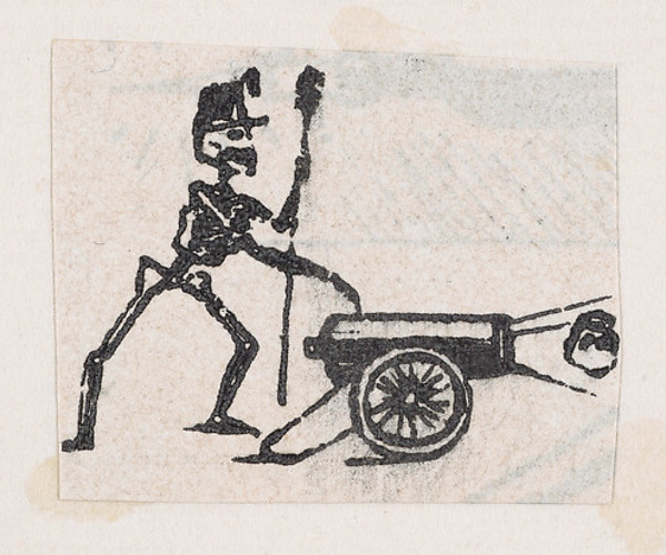 José Guadalupe Posada, Skeleton firing a canon, from a broadside entitled 'De este famoso hipodromo en la pista, no faltara ni un solo periodista', published by Antonio Vanegas Arroyo.