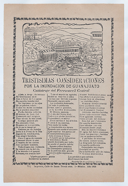 José Guadalupe Posada, Broadsheet relating to a news story about the destruction following a flood in Guanajuato, a collapsed bridge and train car with victims