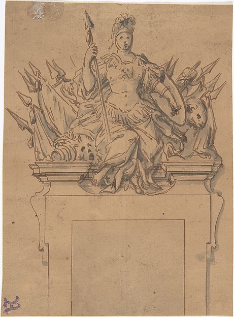 Anonymous, French, 18th century, Design for an Overdoor or Chimney Piece with an Armorial Trophy and the Figure of Minerva