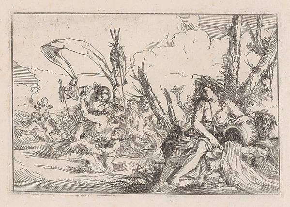 Giulio Carpioni, Water, represented by a naiad seated at the base of a tree and resting her arm on a supine urn from which water flows, behind her a triton and other inhabitants of the sea rise from the water surface, from "The Elements"