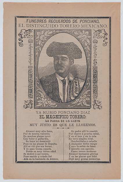 José Guadalupe Posada, Broadsheet relating to the death of a torero named Ponciano Diaz who is portrayed