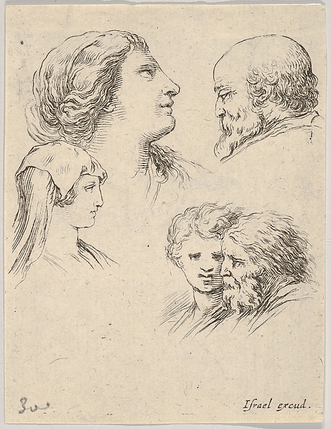 Stefano della Bella, Plate 9: Five heads, two young women at left, a bearded man at upper right, a young woman and a bearded man at bottom right, from "The Book for Learning to Draw" (Livre pour apprendre à dessiner)