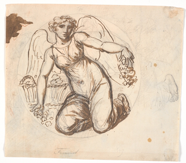 Nicolai Abildgaard, Vinget kvindeskikkelse i cirkelrundt felt. T.h. studie af figurens venstre fod