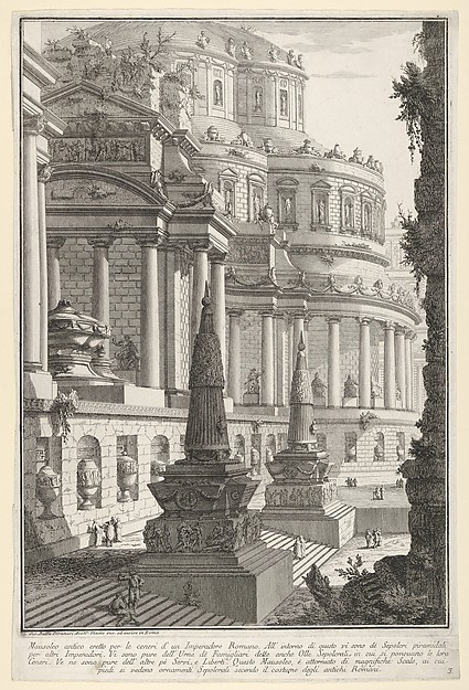 Giovanni Battista Piranesi, Plate 3: Ancient mausoleum erected for the ashes of a Roman emperor (Mausoleo antico eretto per le ceneri d'un imperadore romano), from "Part one of architecture and perspectives: drawn and etched by Gio. Batt'a Piranesi, Venetian Architect: dedicated to Nicola Giobbe" (Prima parte di Architetture,…