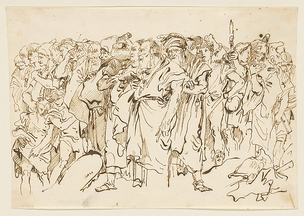Giovanni Domenico Tiepolo, A Crowd of Ancient Warriors, Orientals, and Two Boys, Gathering for a Sacrifice