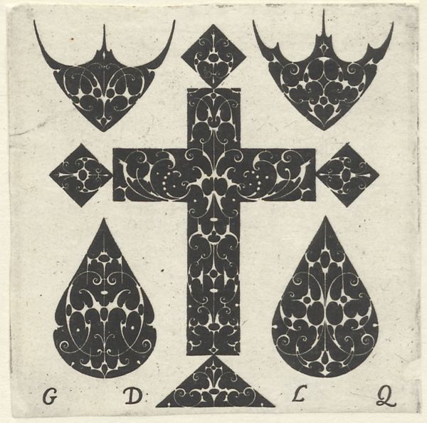 Quewellerie, Guillaume de la, (active 1610-1635), (printmaker), Jewelry designs in blackwork: A large cross surrounded by four smaller blackwork ornaments