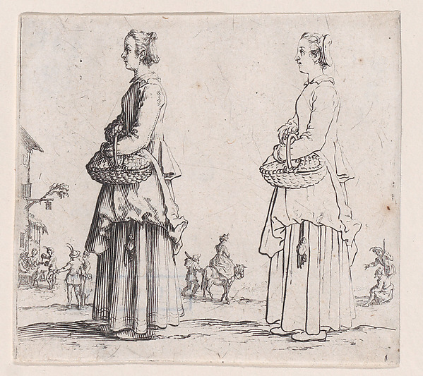 Jacques Callot, La Paysanne Tournée a Gauche, un Panier a son Bras (La Paysanne Turned to the Left, a Basket in her Arms), from "Varie Figure" (Various Figures)