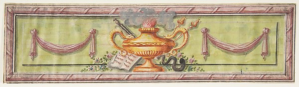 Anonymous, French, 19th century, Ornamental Panel with Flaming Lamps and Sheet Music