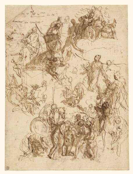 Paolo Veronese, Sheet of Studies for "The Martyrdom of Saint George" (recto); Studies of a House, Tree, Heads, Artist's Tools, Decorative Motifs, and Computations (verso)