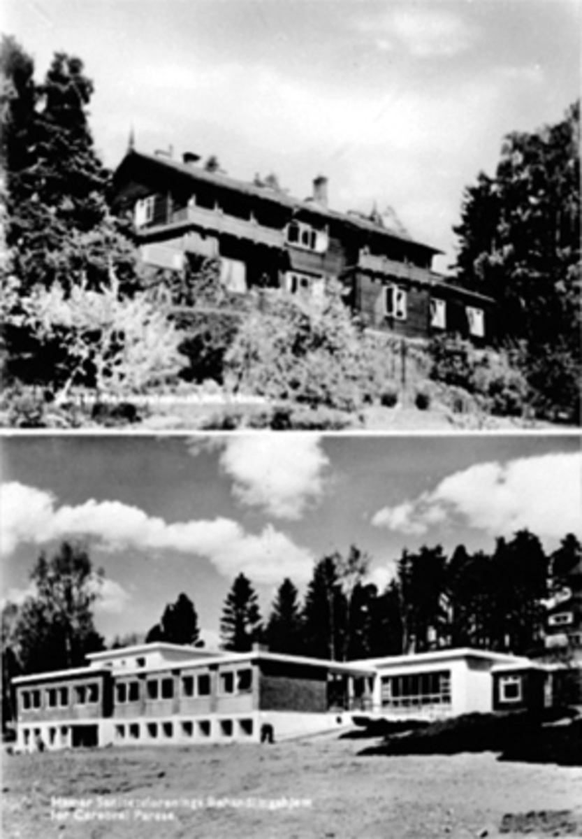 Anno Domkirkeodden, 2-DELT PROSPEKTKORT, EKSTERIØR, SANGENHAGEN, SANGEN SYKEHJEM, ØVERST: SANGEN REKONVALESENTHJEM, NEDERST: HAMAR SANITETSFORENINGINGS BEHANDLINGSHJEM FOR CEREBRAL PARESE.