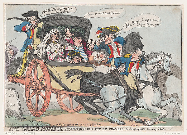 Thomas Rowlandson, The Grand Monarck Discovered in a Pot de Chambre, or The Fugitives Turning Tail