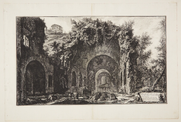 Giovanni Battista Piranesi, Bygningen og grotten ved Egiria-fontænen, med San Urbano-kirken på en bakketop i det fjerne