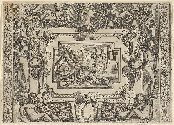 Battista Angolo del Moro, Judith and maidservant with the head of Holofernes, set within an elaborate frame