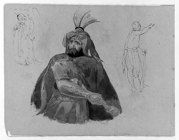 Thomas Sully, Half-length Bearded Man in Armor and Cape, Drawing Sword (Macbeth?); Three Standing Angels (or Witches?); Male Figure in Skins (from Sketchbook)