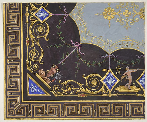 Jules-Edmond-Charles Lachaise, Design for wallpaper with Roman key border, rinceaux, and medallions