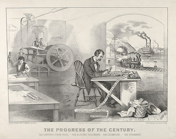 Currier & Ives, The Progress of the Century – The Lightning Steam Press. The Electric Telegraph. The Locomotive. The Steamboat.