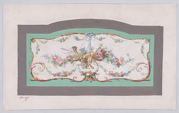 Anonymous, French, 19th century, Design for a Sofa Back Cover (?) with an Ornamental Frame Containing a Large Horizontal Garland of Flowers and Leaves with Musical Instruments and a Vase, Decorated with Acanthus Leaves and Two Fleurs de Lys