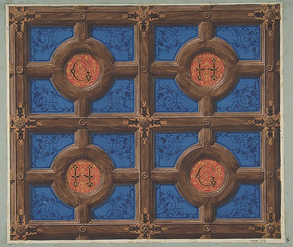 Jules-Edmond-Charles Lachaise, Design for the painted decoration of a coffered ceiling incorporating initials (G and H) for a house on the rue de Clichy