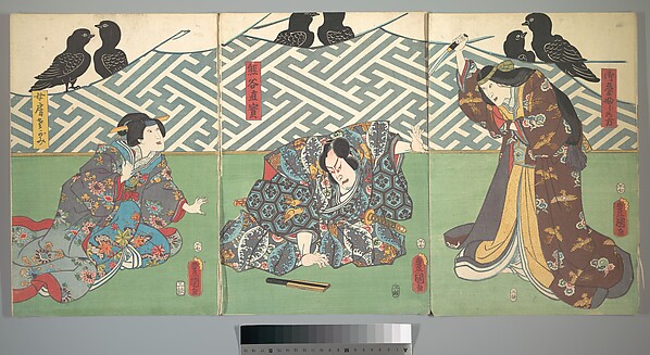Utagawa Kunisada, Three Actors on Stage: Kumagai Naozane