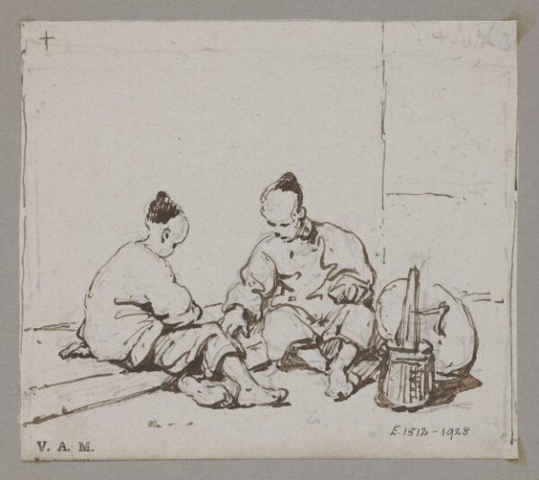 George Chinnery, Two seated Chinese figures with a basket and hat