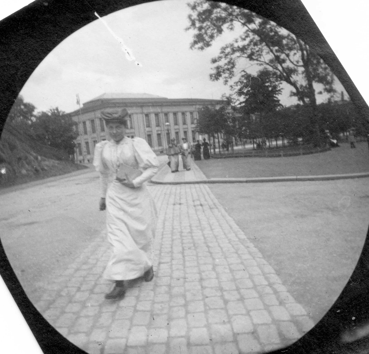 Fredrik Carl Mülertz Størmer, Frk. Charly Rosenkilde spaserer langs Drammensveien, Oslo med Universitetet bak.