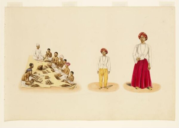 Unknown, 7 seated men making bidis (cigarettes)