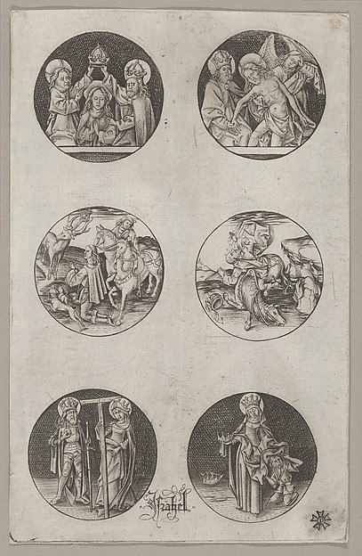 Israhel van Meckenem, Six Roundel Patterns for a Goldsmith: the Coronation of the Virgin, God the Father with the Body of Christ, St. Eustace or St. Hubert, the Conversion of St. Paul, Charlemagne and St. Helen, and St. Elizabeth