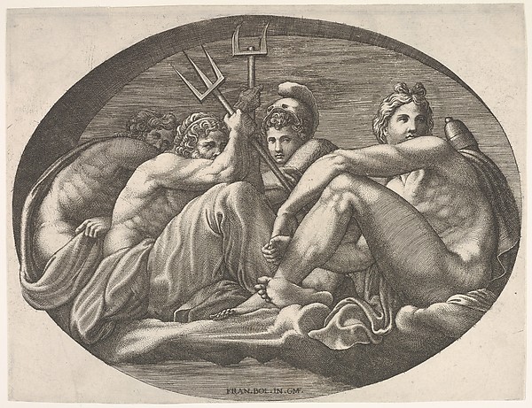 Giorgio Ghisi, Apollo, Neptune, Pluto, and Athena seated on a cloud under an arch, an oval composition, from a series of eight compositions after Francesco Primaticcio's designs for the ceiling of the Ulysses Gallery (destroyed 1738-39) at Fontainebleau