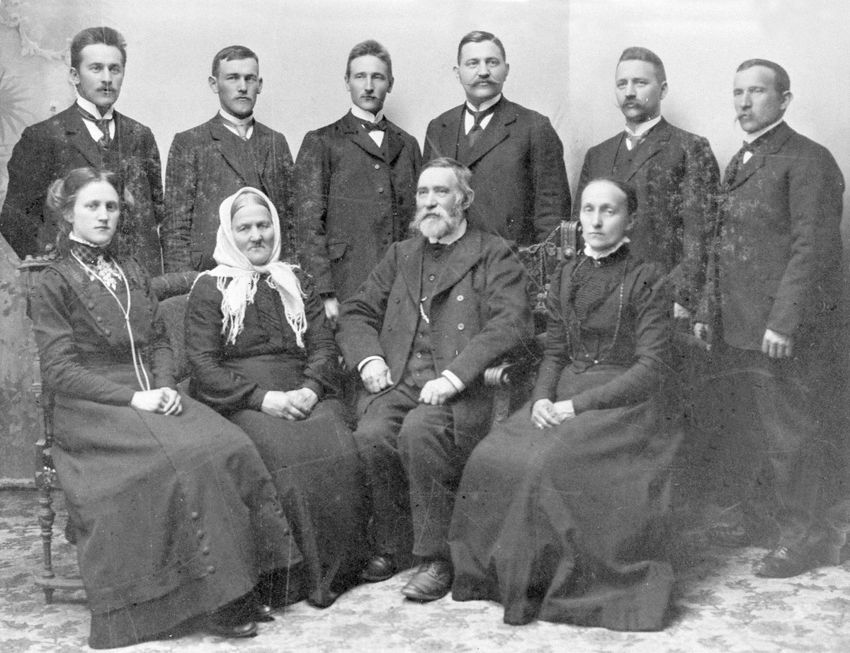 Anno Domkirkeodden, Gr: 10, Familie, fra v:Sanna Weideborg, Martha Oset, Simen Oset, Lise Weideborg, bak v: nils, Thorvald, Mathias, m/fler, Veideborg, Løten. Forts: Alf Weideborg, Even Weideborg, Dyre Weideborg.