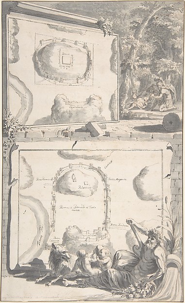 Jan Goeree, Two Maps of Ancient Rome with a River God and Romulus and Remus
