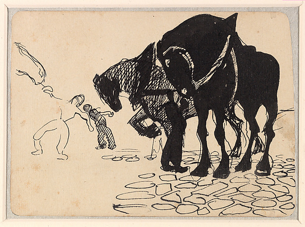 Umberto Boccioni, Three Horses Tended by Men; Stone Pavement (recto); Horses and Figures in a Landscape (verso)