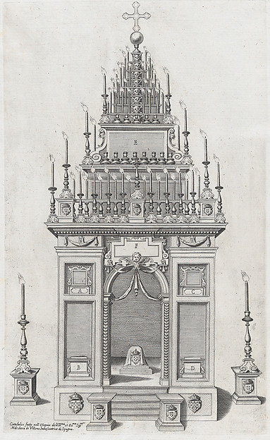 Anonymous, Design of the catafalque for the exequies of the Marchesa di Villena in San Giacomo degli Spagnoli, Rome, from "Libro De Catafalchi, Tabernacoli, con varij designi di Porte fenestre et altri ornamenti di Architettura"