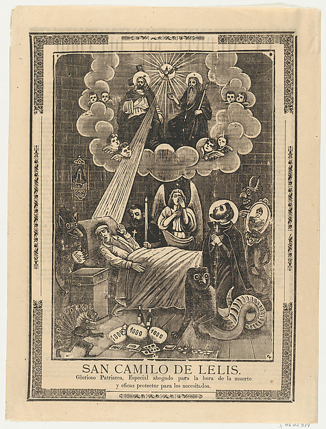 Anonymous, Broadsheet with Saint Camilo de Lelis in bed surrounded by demons, priests and the Holy Trinity above