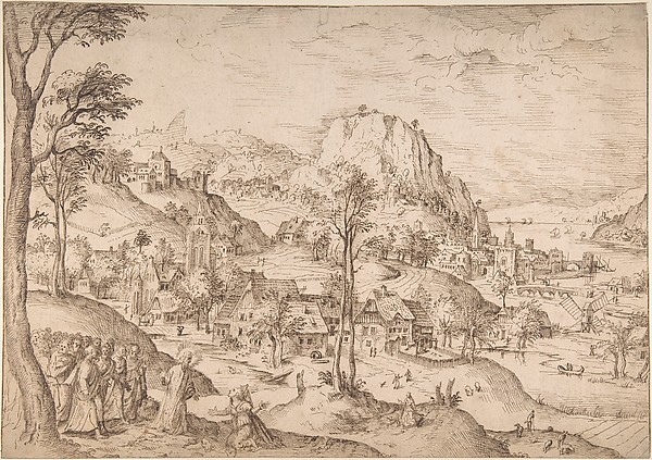 Lucas Gassel, Panoramic Mountainous Estuary Landscape, with Christ and the Woman of Canaan