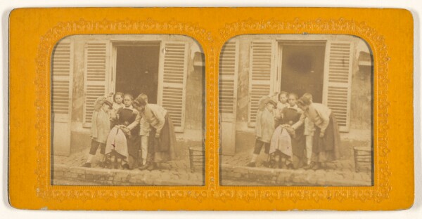 Unknown, [Child on mother's lap being spanked by another child, other girl looking on]