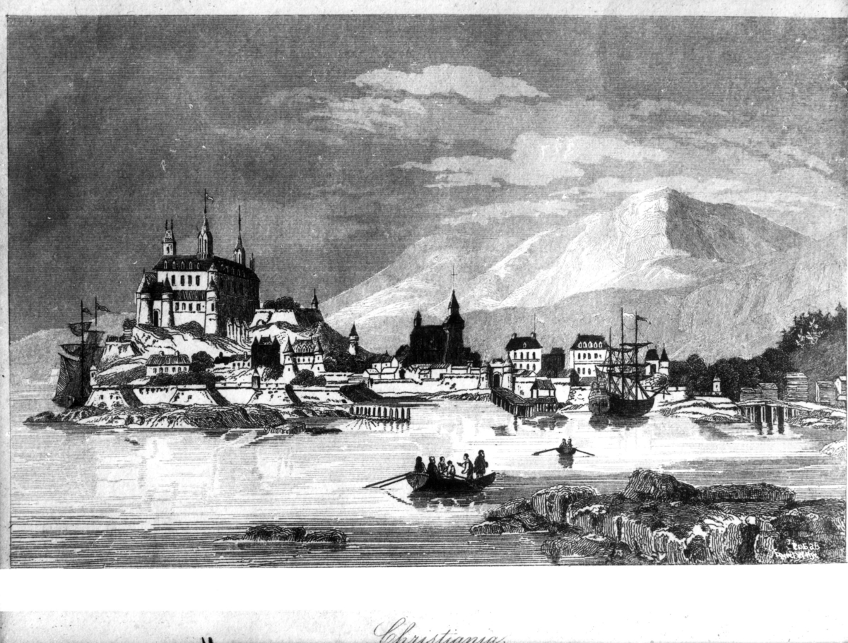 Anders Beer Wilse, Akershus festning, Oslo gjengitt som italiensk stikk fra 1680-årene. Avfotografert.